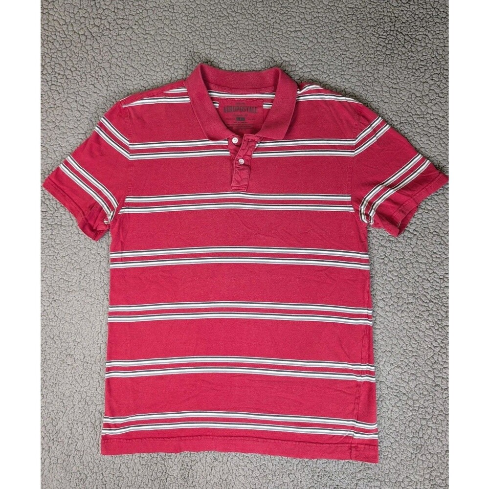 Aeropostale Polo Shirt Mens L Red White Striped Embroidered Rugby Muscle Y2k